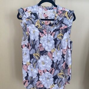 LOFT Floral Ruffle Sleeve Blouse - Pink, Yellow, Gray